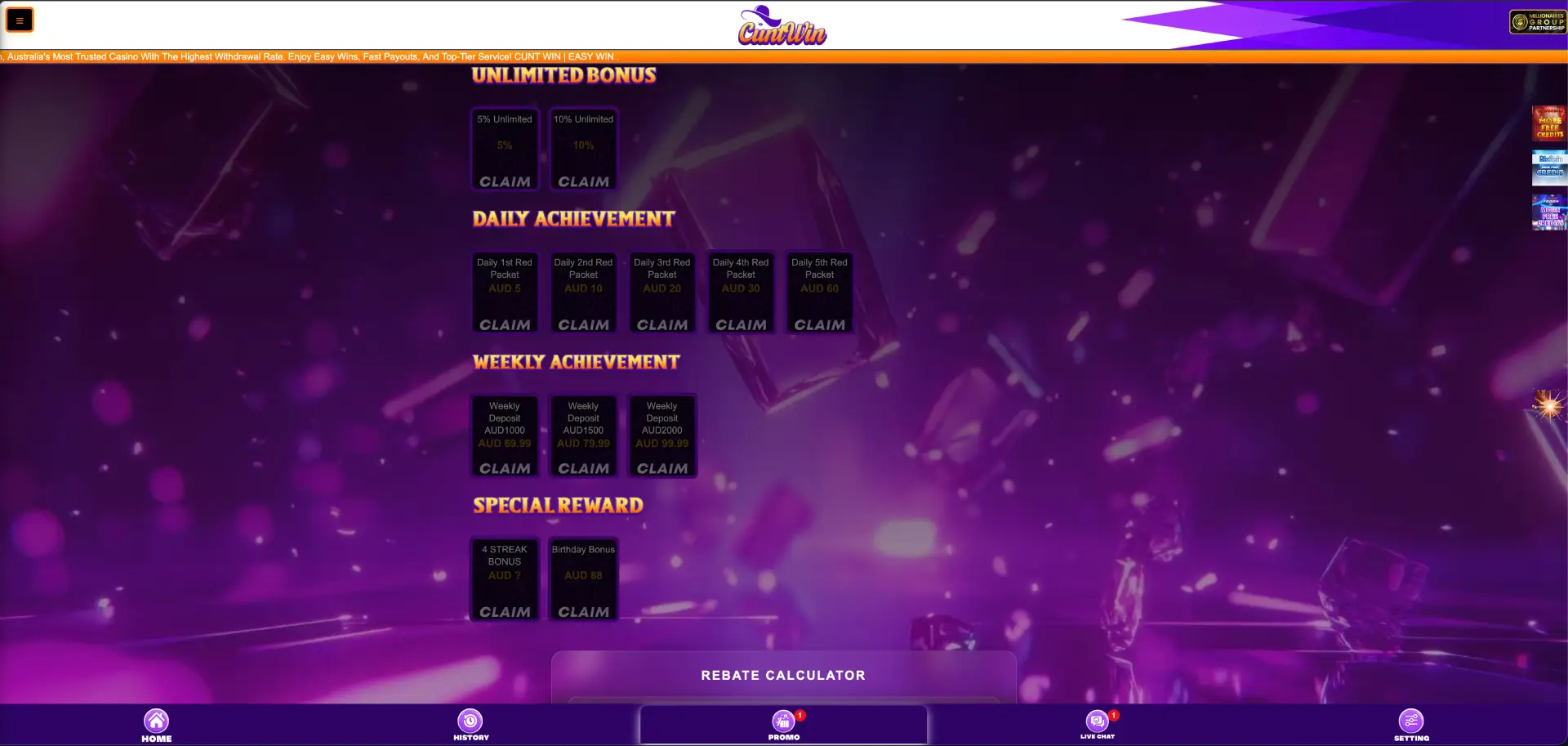 CuntWin promotions page with red packets rebates and VIP rewards