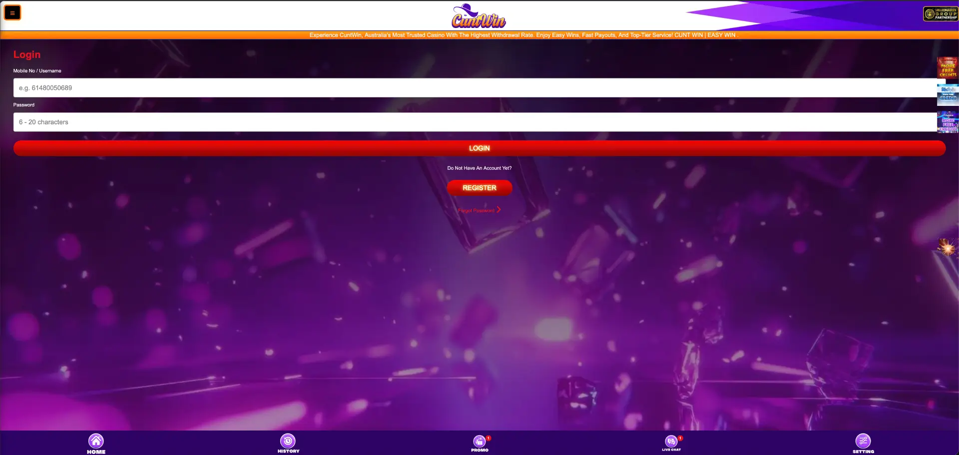 CuntWin mobile login and registration screens